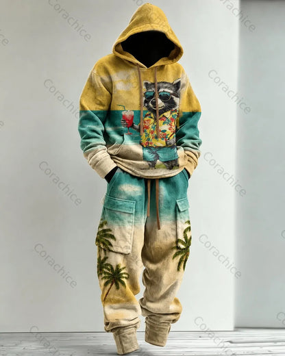 Cardydony Men's Fall and Spring Japanese-Style Printed Hooded & Pants Two-Piece