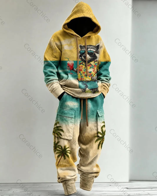 Cardydony Men's Fall and Spring Japanese-Style Printed Hooded & Pants Two-Piece