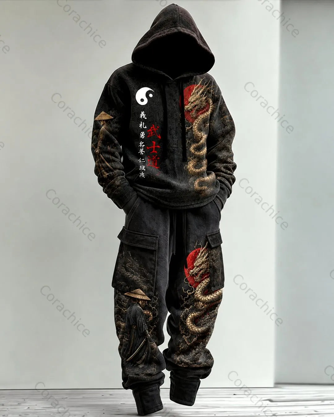 Cardydony Men's Fall and Winter Japanese-Style Printed Hoodie & Pants Two-Piece Set2372