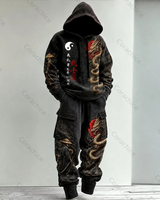 Cardydony Men's Fall and Winter Japanese-Style Printed Hoodie & Pants Two-Piece Set2372