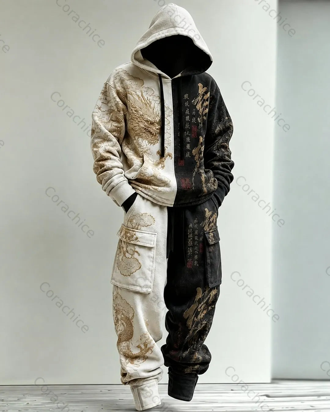 Cardydony Men's Fall and Winter Japanese-Style Printed Hooded & Pants Two-Piece
