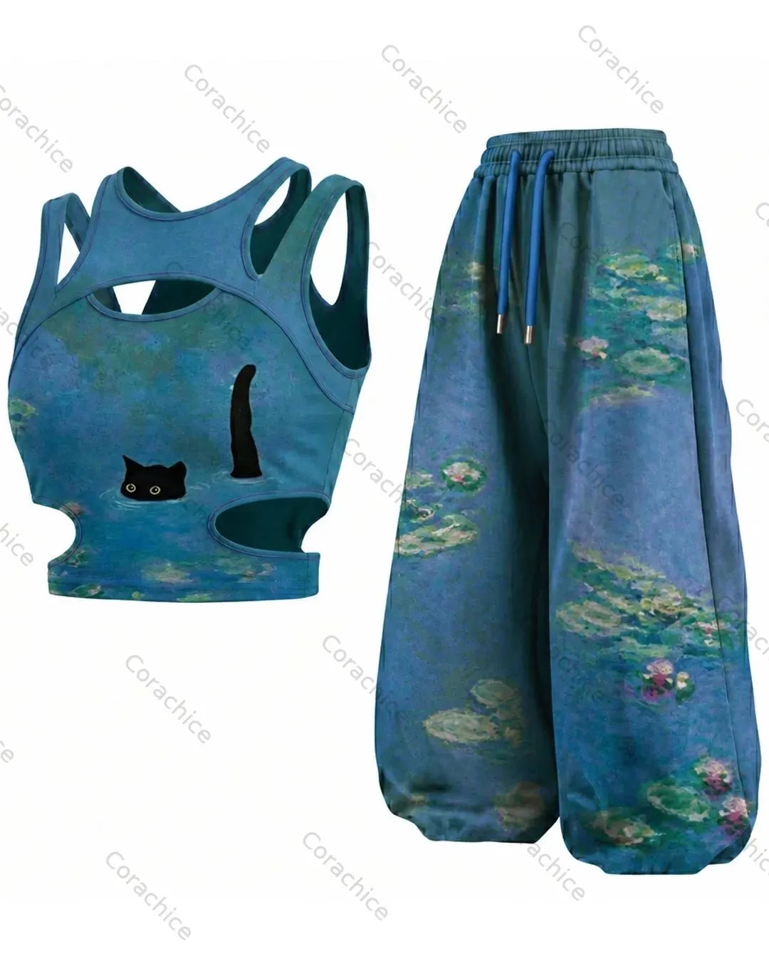 Cardydony Women's Japanese-Style Printed Sports Tank Top and Pants Two-Piece