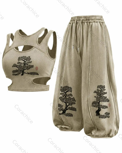Cardydony Women's Japanese-Style Printed Sleeveless Sports Tank Top and Pants Set