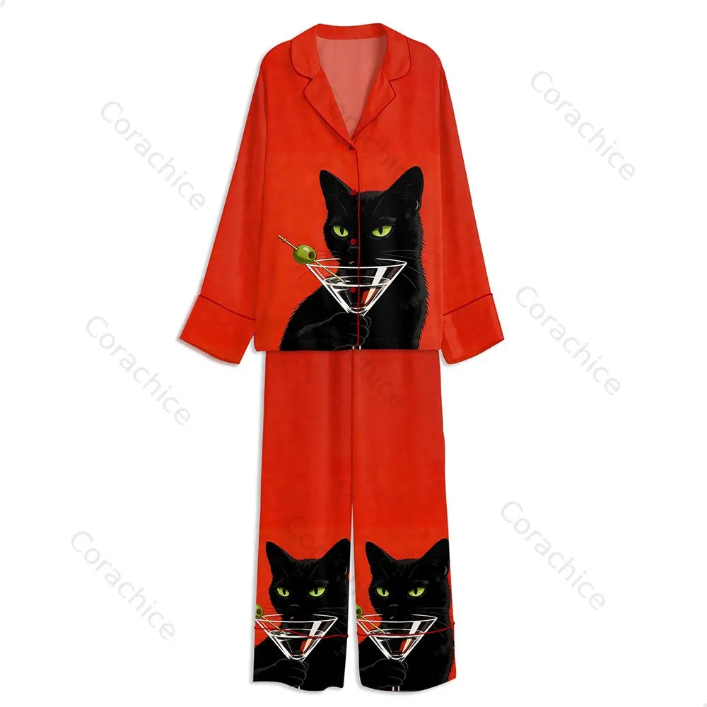 Cardydony Tokyover Vintage Black Cat With Martini Unisex Long Sleeve Satin Pajama