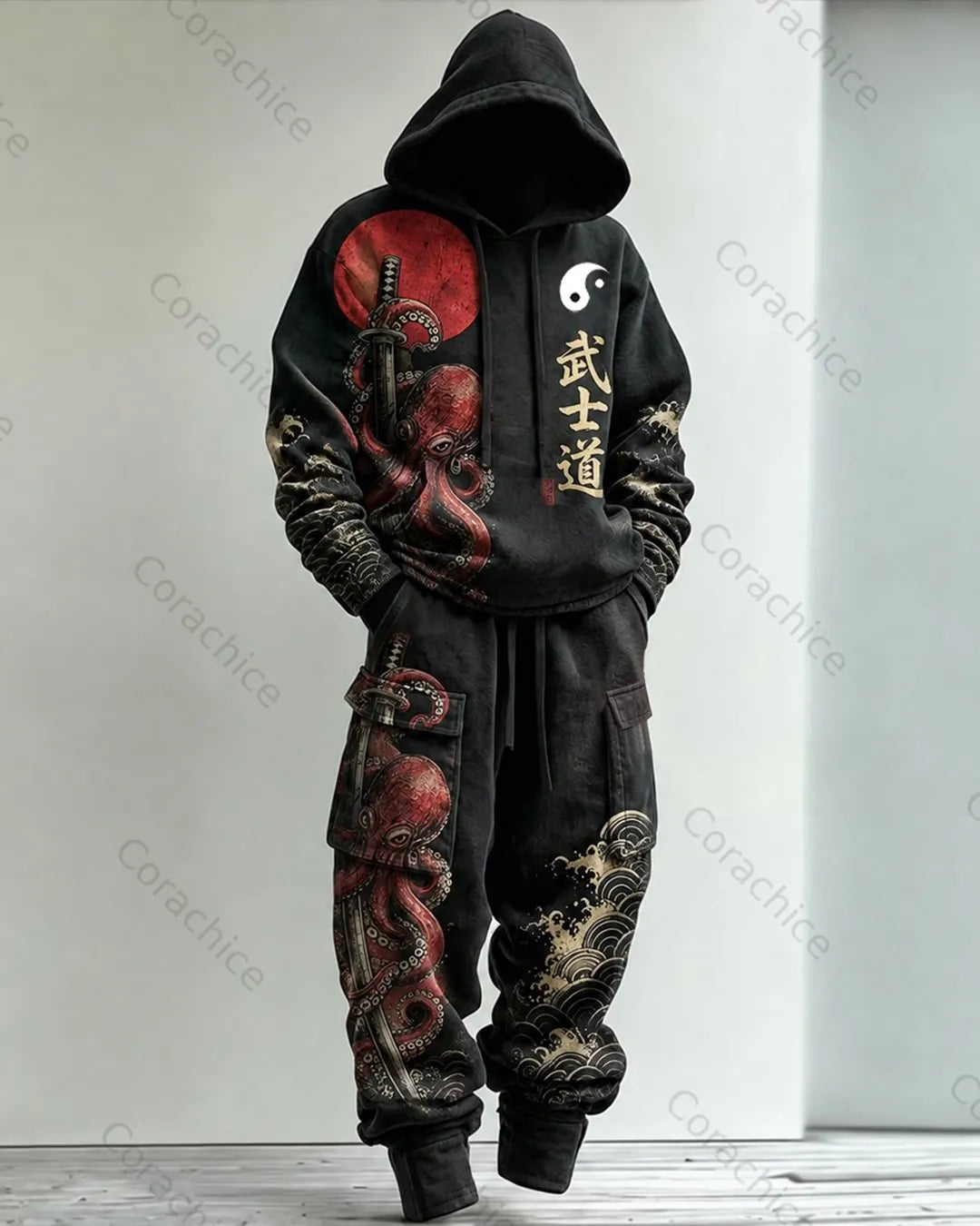 Cardydony Men's Fall and Winter Japanese-Style Printed Hoodie & Pants Two-Piece Set9022