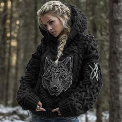 Cardydony Women's Viking Celtic Wolf Knit Jacquard Warm Hooded Sweater