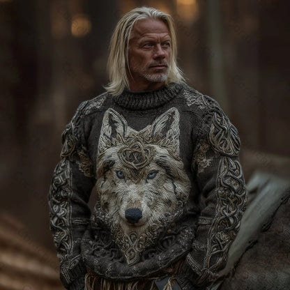 Cardydony Men's Viking Wolf Knit Pullover Sweater