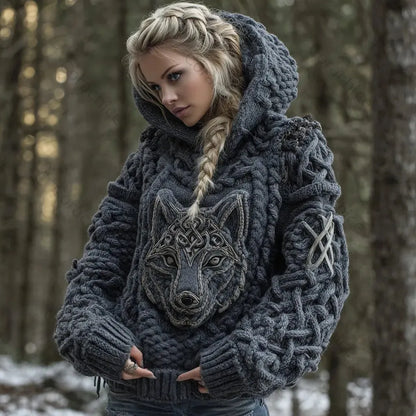 Cardydony Women's Viking Celtic Wolf Knit Jacquard Warm Hooded Sweater