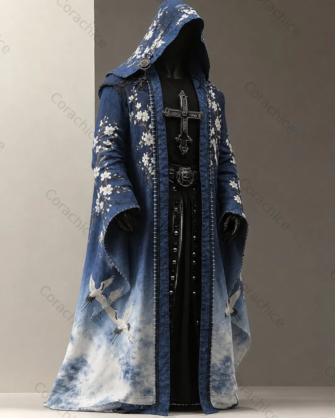 Cardydony Men's Japanese-Style Printed Samurai Hooded Cape