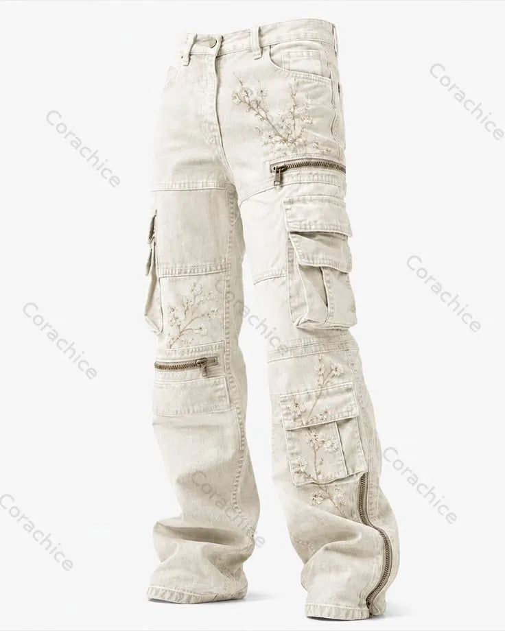 Cardydony Women's Retro Japanese Art Print Washed Canvas Pants