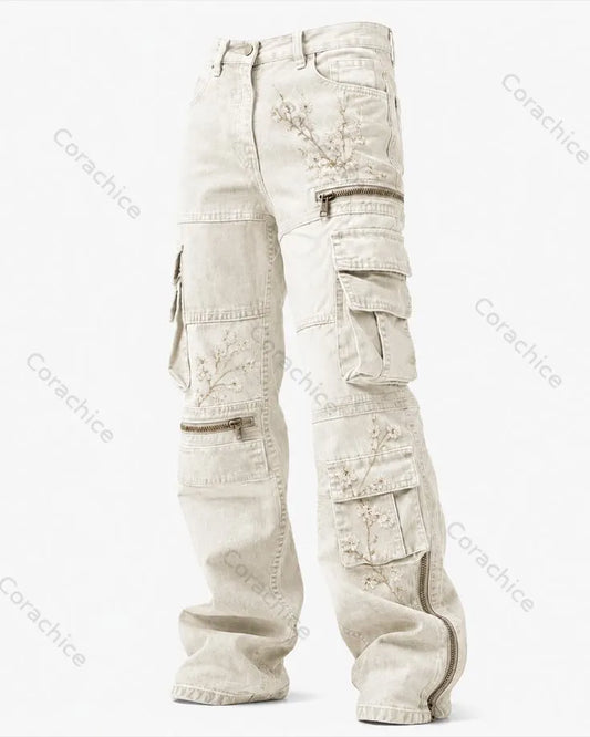 Cardydony Women's Retro Japanese Art Print Washed Canvas Pants