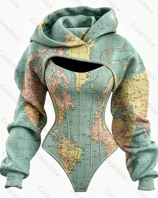 Cardydony Women's Retro Map Print Irregular Cut Two-Piece Long-Sleeved Bodysuit