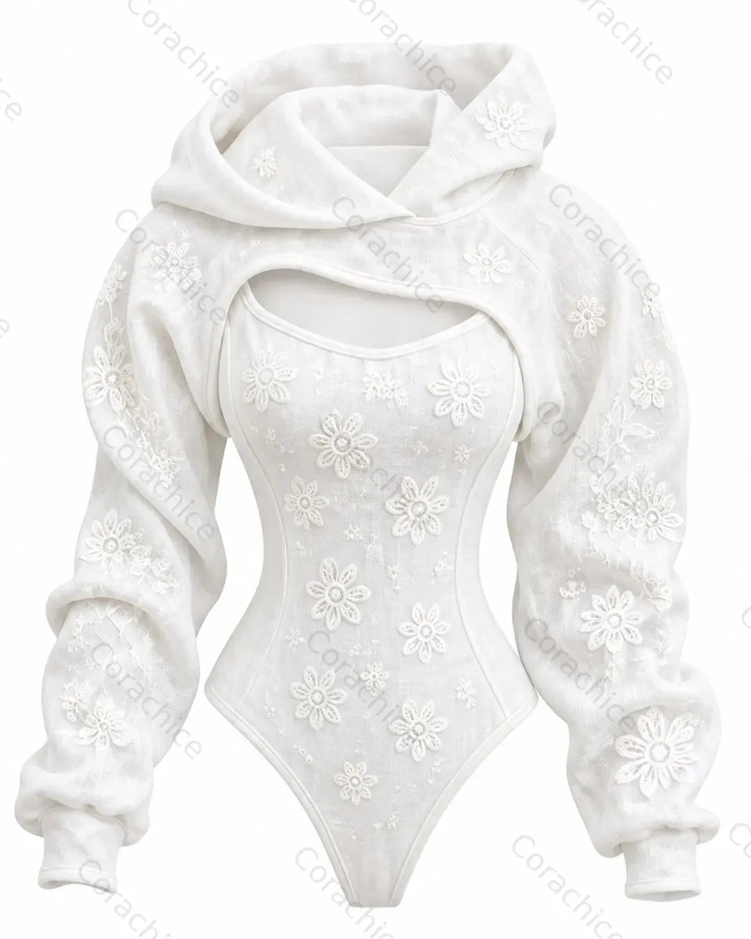 Cardydony Women's Japanese-Style White Floral Embroidered Fitted Hooded Jumpsuit