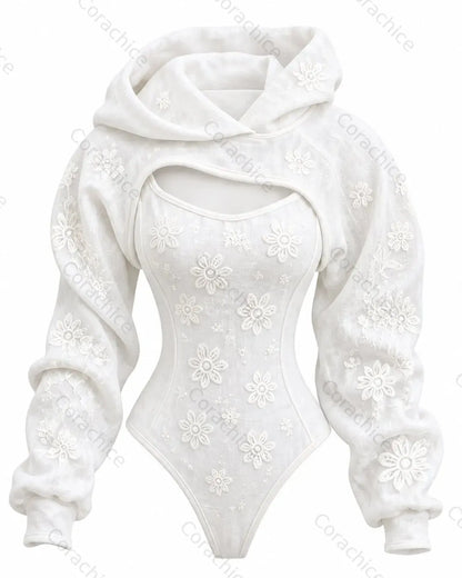 Cardydony Women's Japanese-Style White Floral Embroidered Fitted Hooded Jumpsuit