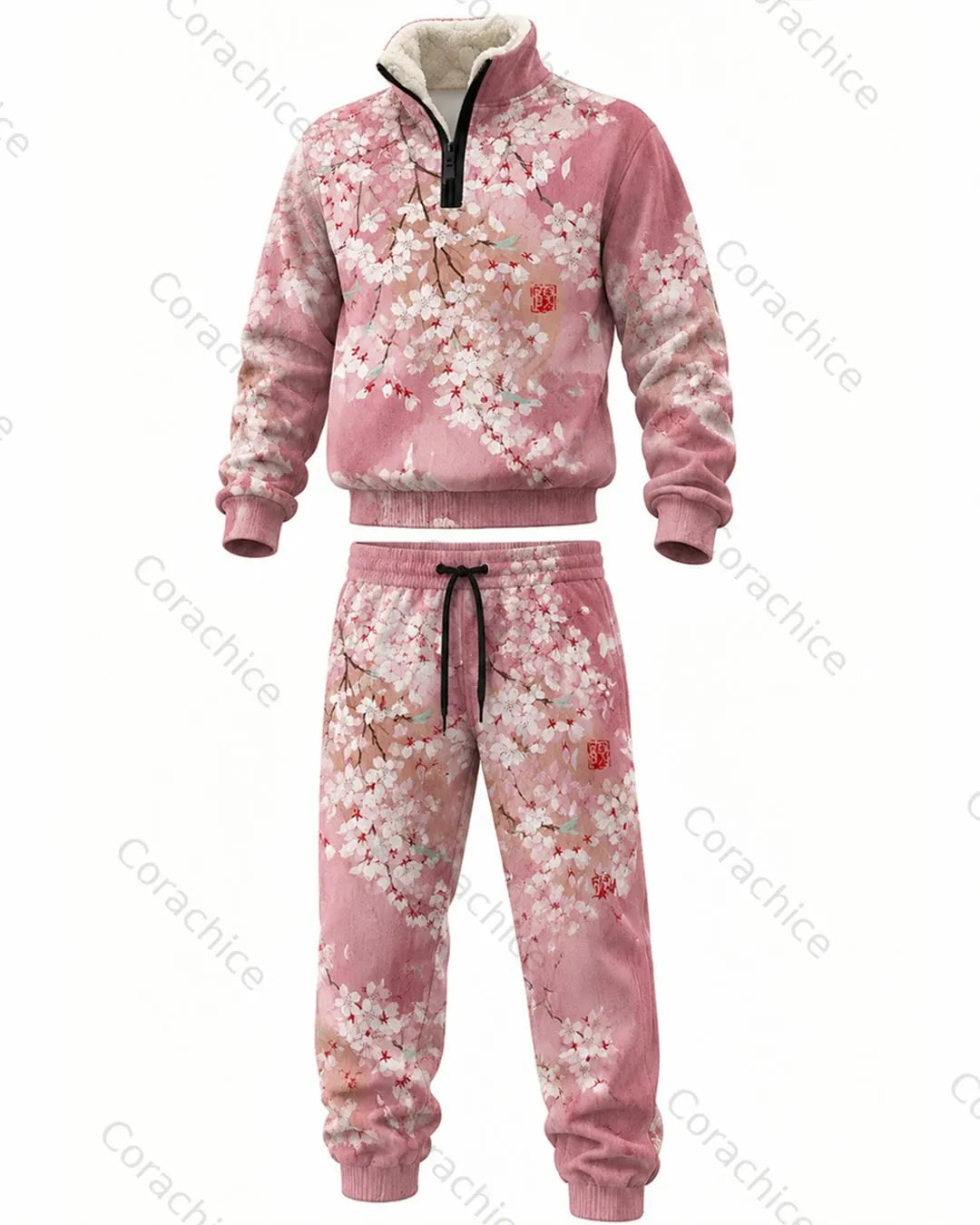 Cardydony Japanese retro art print 1/4 zip-up stand collar thick fleece sweatshirt & sweatpants1940