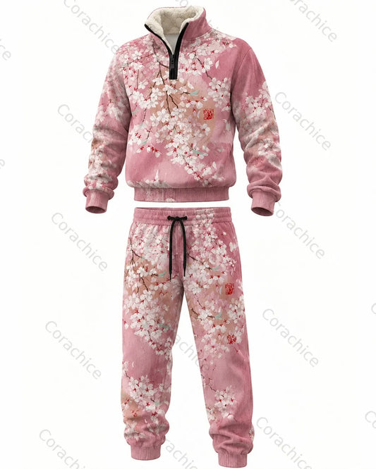 Cardydony Japanese retro art print 1/4 zip-up stand collar thick fleece sweatshirt & sweatpants1940