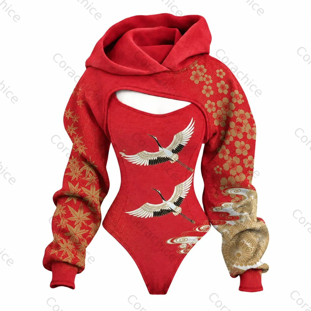 Cardydony Women's Japanese-Style White Crane Print Fitted Hooded Jumpsuit