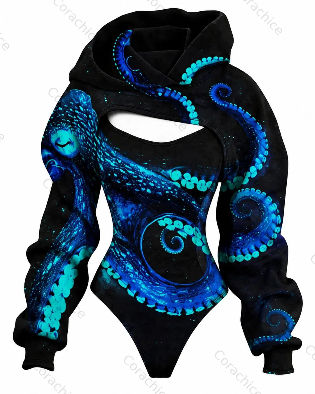Cardydony Women's Japanese-Style Ocean-Print Fitted Hooded Jumpsuit