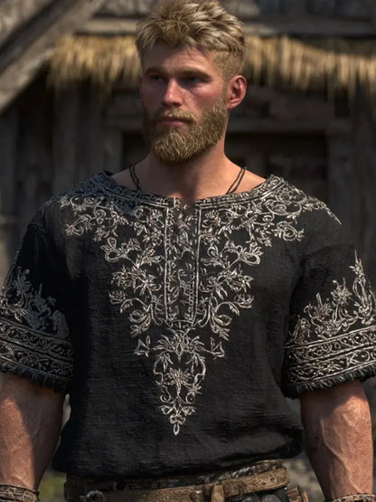 Cardydony Viking Silver Three-dimensional Embroidery Totem Short-sleeved Round-neck Shirt
