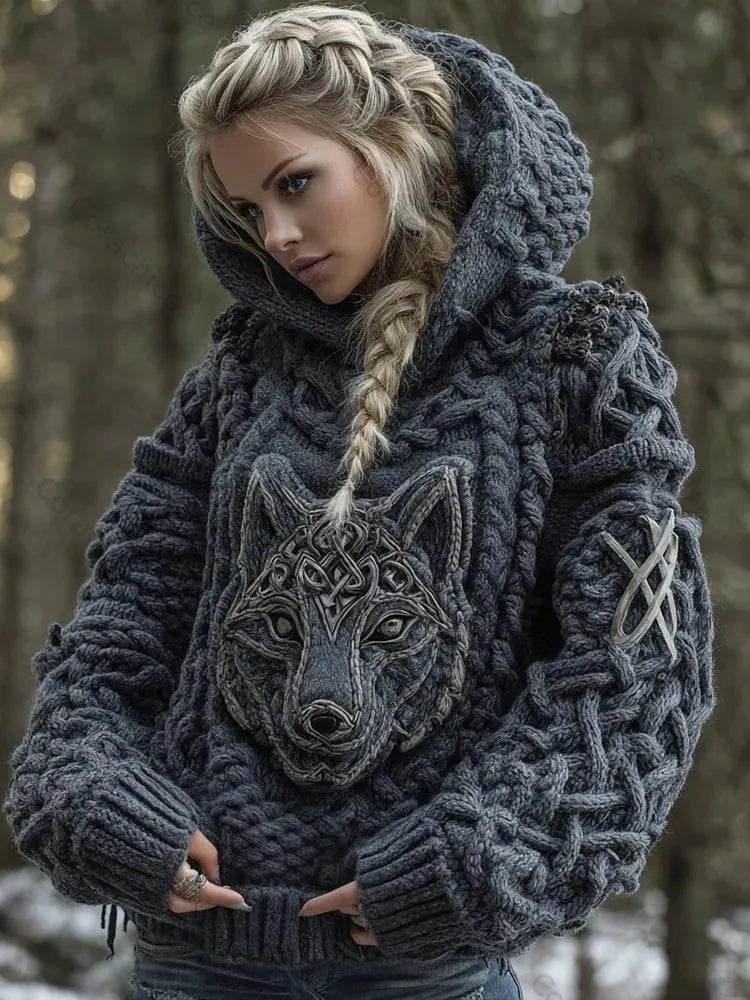 Cardydony Women's Viking Celtic Wolf Knit Jacquard Warm Hooded Sweater