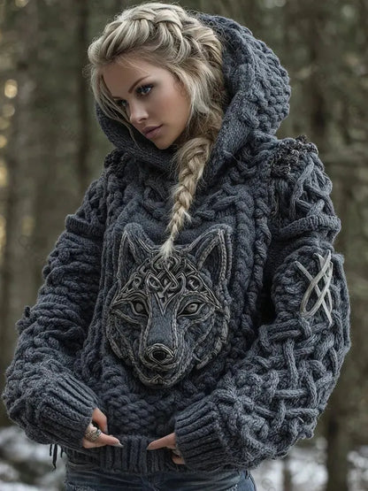 Cardydony Women's Viking Celtic Wolf Knit Jacquard Warm Hooded Sweater