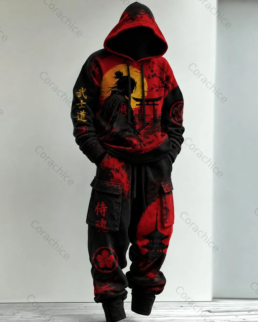 Cardydony Men's Fall and Winter Japanese-Style Printed Hoodie & Pants Two-Piece