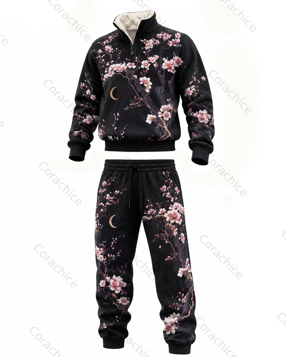 Cardydony Japanese retro art print 1/4 zip-up stand collar thick fleece sweatshirt & sweatpants8478