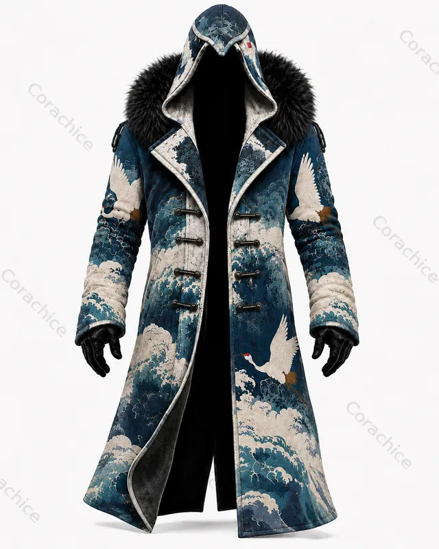 Cardydony Men's Autumn/Winter Retro Japanese Art Print Faux Fur Collar Long Hooded Coat