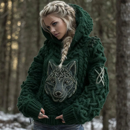 Cardydony Women's Viking Celtic Wolf Knit Jacquard Warm Hooded Sweater
