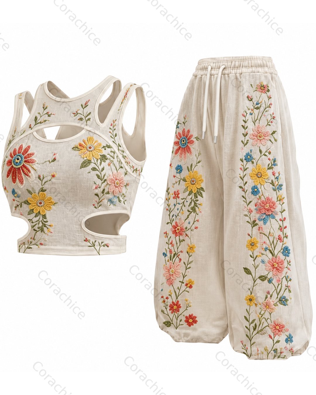 Cardydony Women's Fashion Boho-Style Embroidered Sleeveless Sports Tank Top and Pants Two-Piece