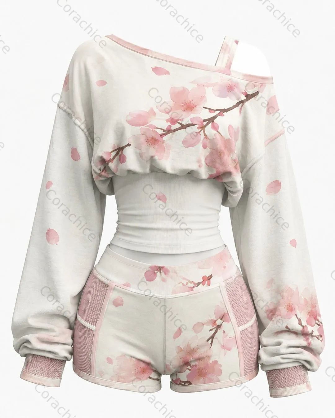 Cardydony Women's Japanese-Style Printed Long-Sleeve Off-the-Shoulder Sweatshirt and Shorts Two-Piece
