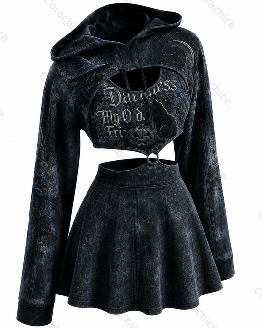 Women's Halloween-themed printed irregular cut two-piece top and skirt set9824