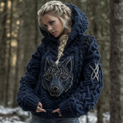 Cardydony Women's Viking Celtic Wolf Knit Jacquard Warm Hooded Sweater
