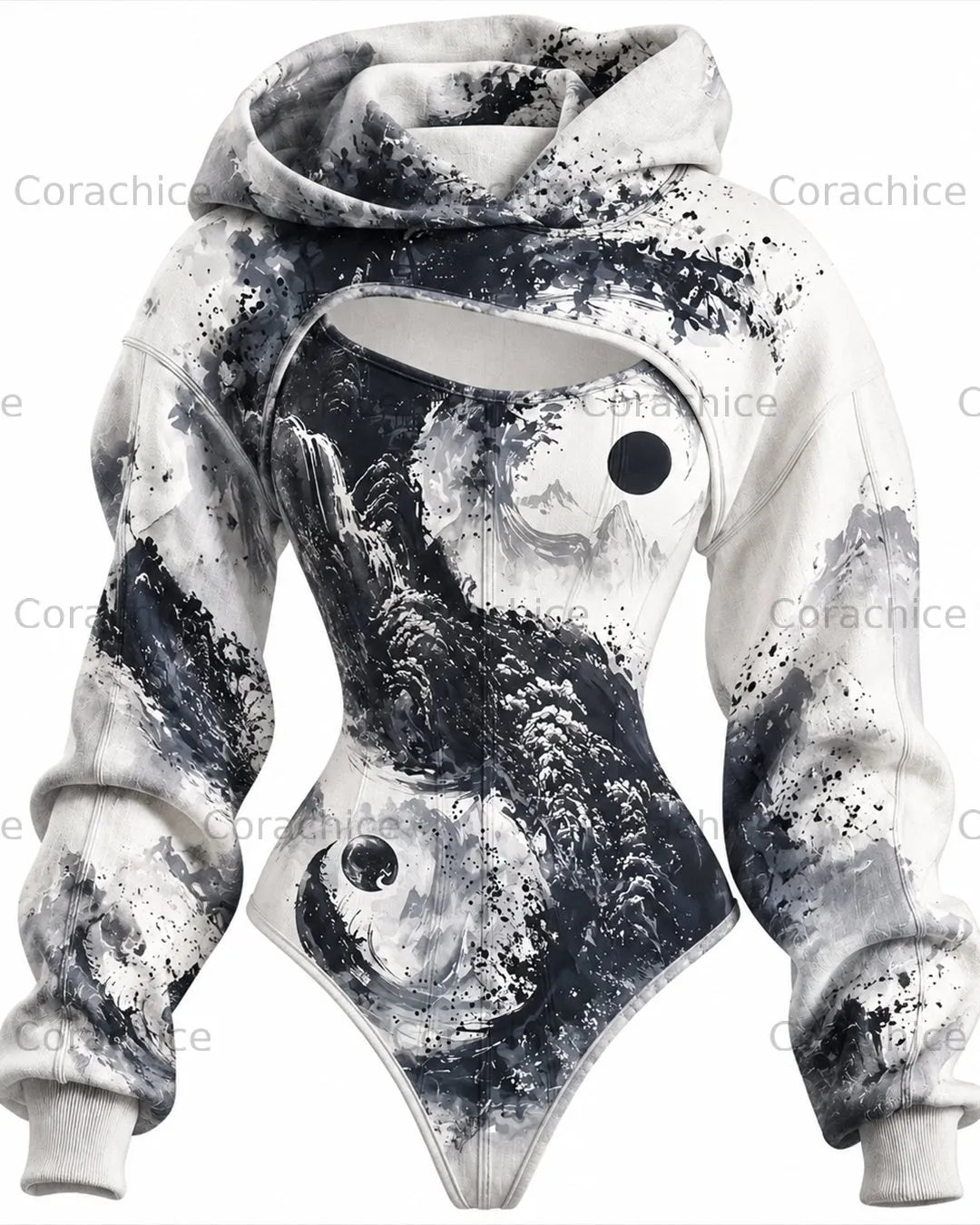 Cardydony Women's Retro Japanese Print Embroidery Irregular Cut Two-Piece Long-Sleeved Bodysuit