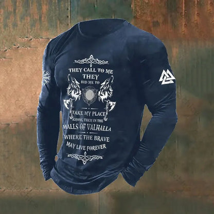 Cardydony Retro Viking Graphics Long-Sleeved T-Shirt