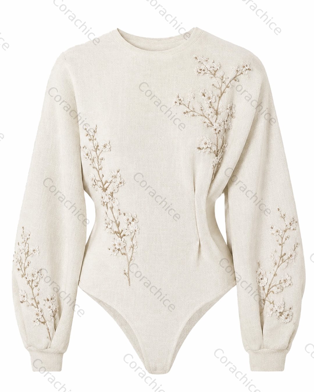 Cardydony Women's Retro Japanese White Floral Embroidered Bodysuit
