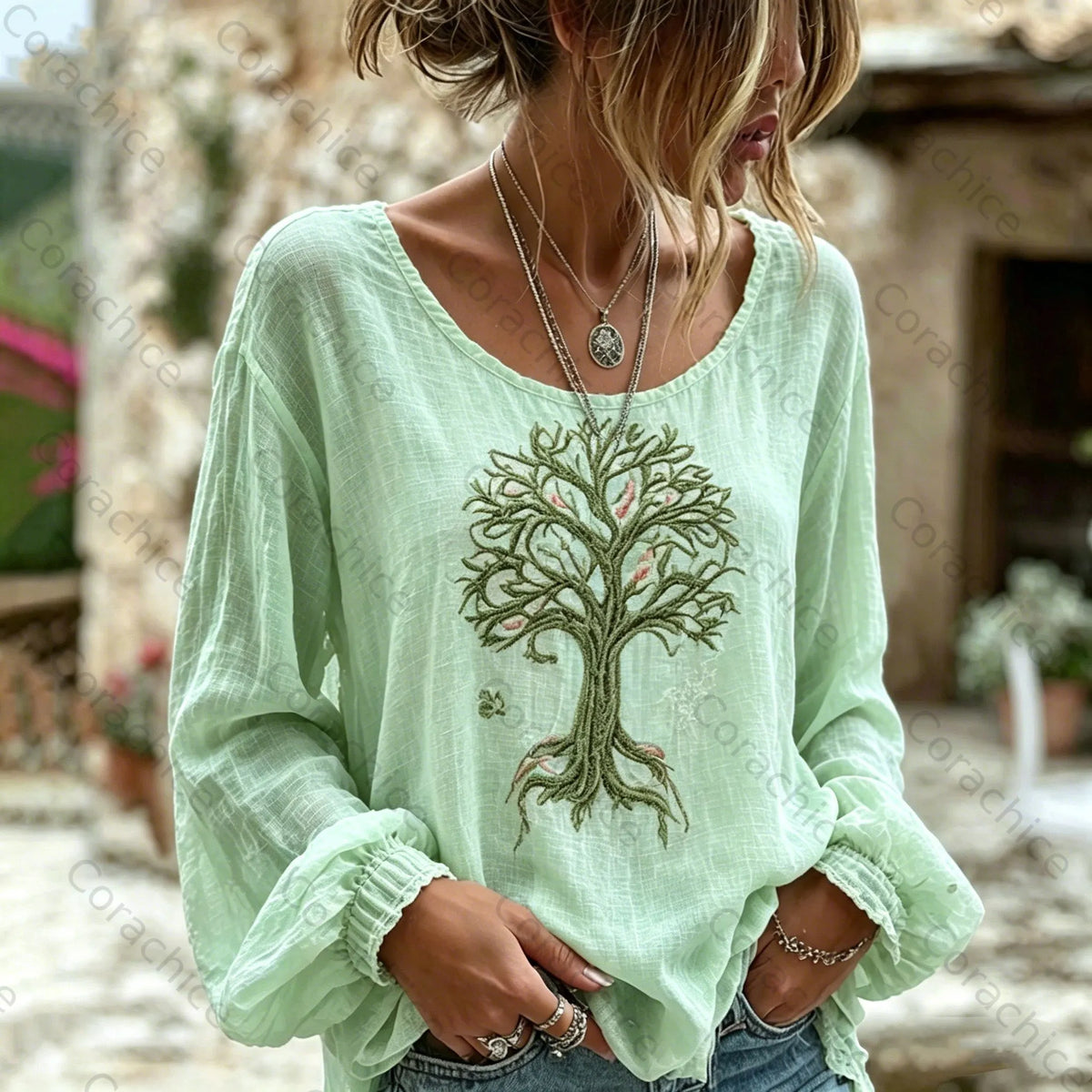 Cardydony Women's Retro Viking Tree Of Life Pattern Casual Linen Blend T-shirt
