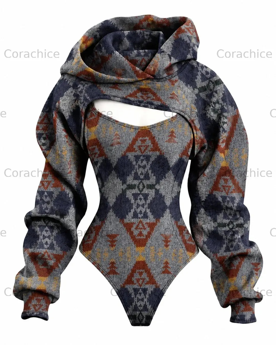 Cardydony Women's Western-Style Aztec-Printed Fitted Hooded Jumpsuit