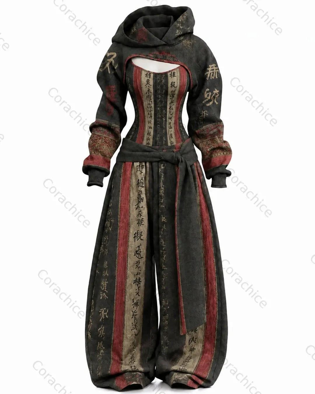 Cardydony Women's Japanese-Style Printed Long-Sleeve Fitted Jumpsuit & Pants Two-Piece