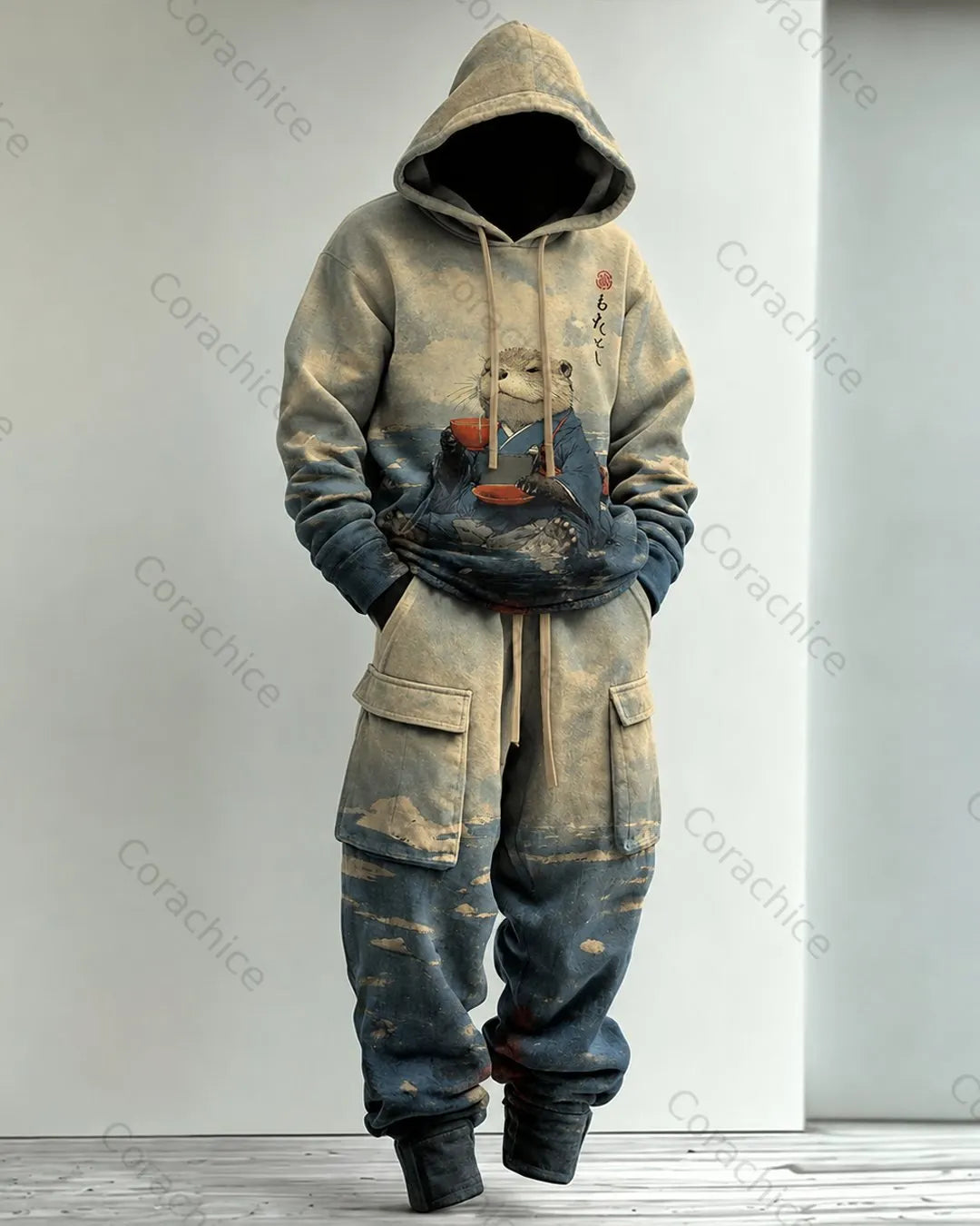 Cardydony Men's Fall and Spring Japanese-Style Printed Hooded & Pants Two-Piece