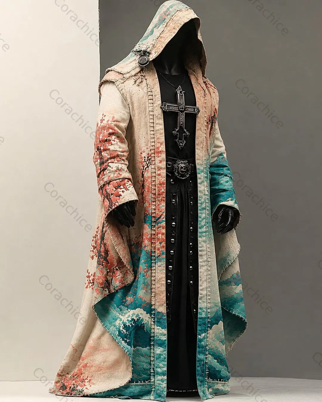 Cardydony Men's Japanese-Style Printed Samurai Hooded Linen Cape