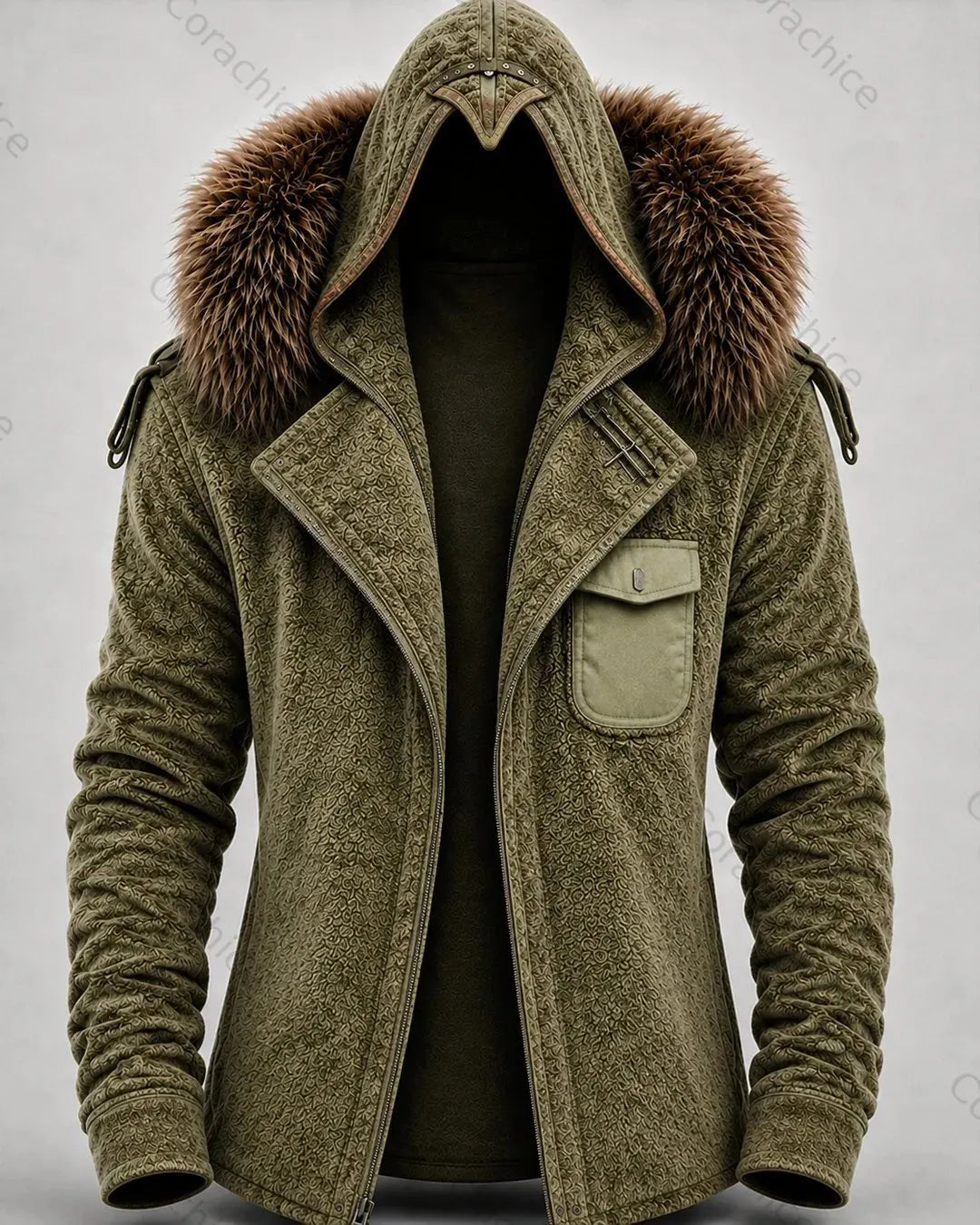Cardydony Men's Autumn/Winter Western Print Fashion Casual Style Faux Fur Collar Hooded Jacket