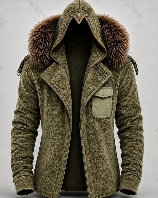 Cardydony Men's Autumn/Winter Western Print Fashion Casual Style Faux Fur Collar Hooded Jacket