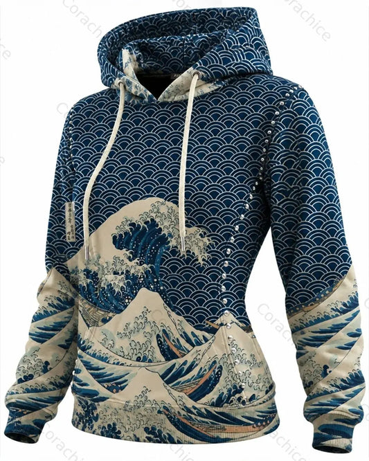 Cardydony Women's Fall and Spring Japanese-Style Printed Long-Sleeve Hooded Sweatshirt Dress