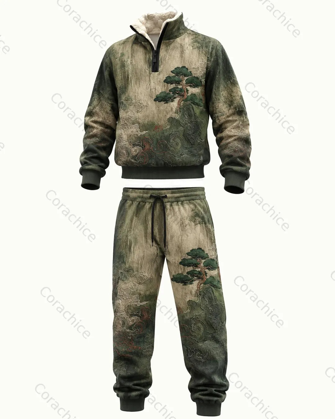 Cardydony Japanese retro art print 1/4 zip-up stand collar thick fleece sweatshirt & sweatpant