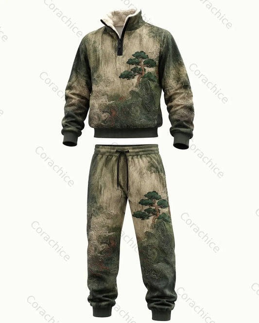 Cardydony Japanese retro art print 1/4 zip-up stand collar thick fleece sweatshirt & sweatpant