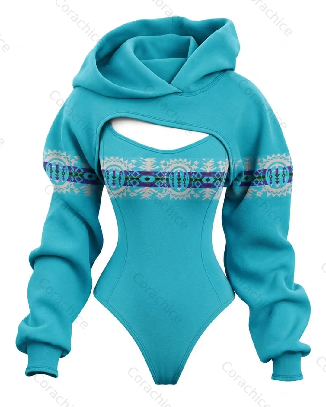 Cardydony Women's Western-Style Aztec-Print Fitted Hooded Jumpsuit