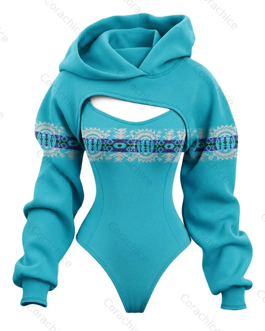 Cardydony Women's Western-Style Aztec-Print Fitted Hooded Jumpsuit