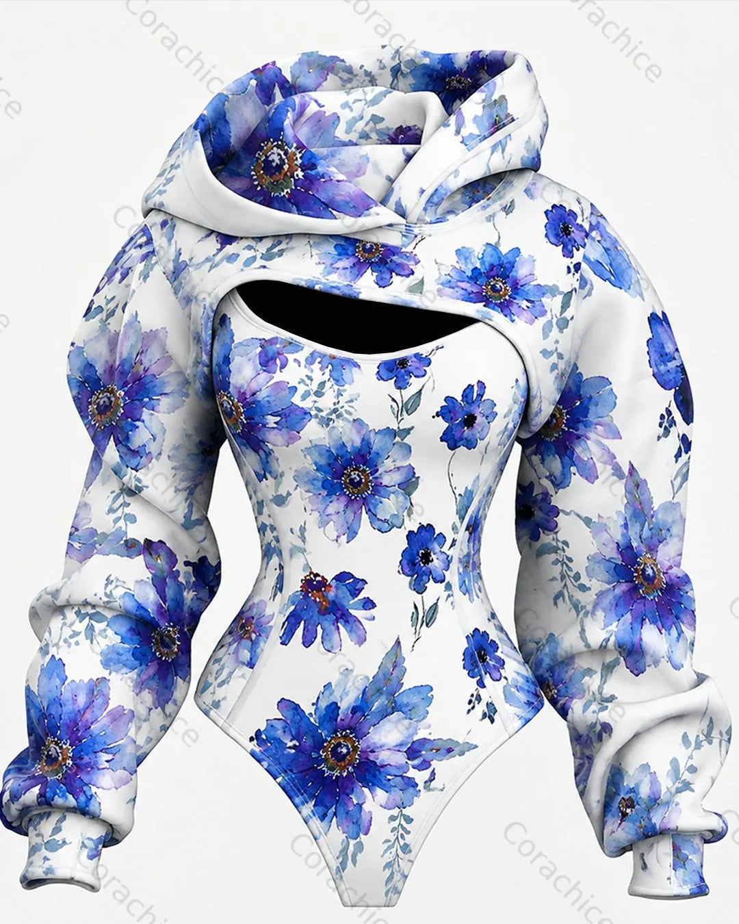 Cardydony Women's Retro Floral Print Irregular Cut Two-Piece Long-Sleeved Bodysuit