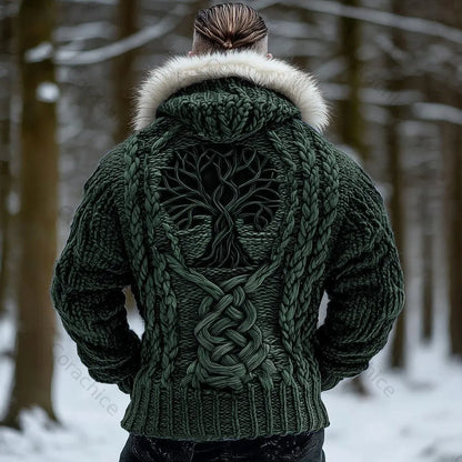 Cardydony Men's Viking Tribal Tree Of Life Celtic Chunky Knit Fuzzy Hooded Zipper Cardigan